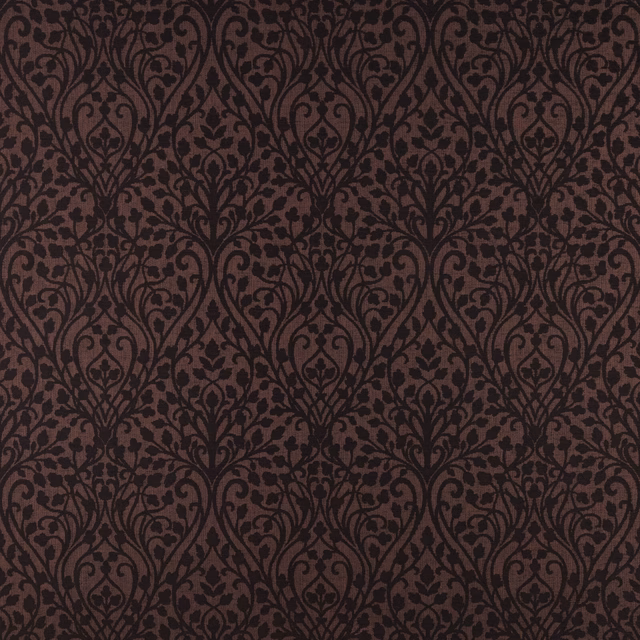 Deep maroon damask fabric with dark scrolling floral motif on a woven ground