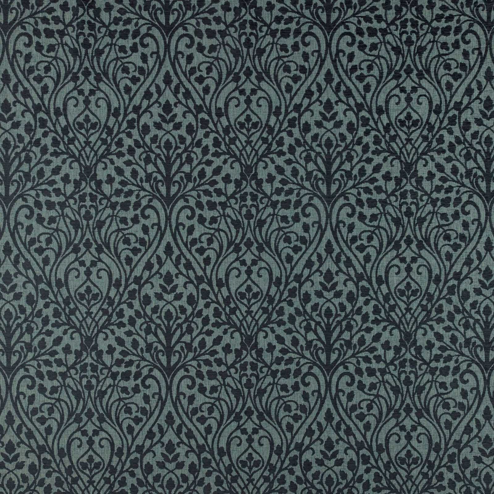 Close-up of teal damask fabric with dark scrolling leaf pattern