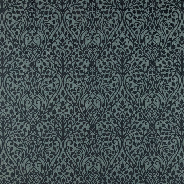 Close-up of teal damask fabric with dark scrolling leaf pattern