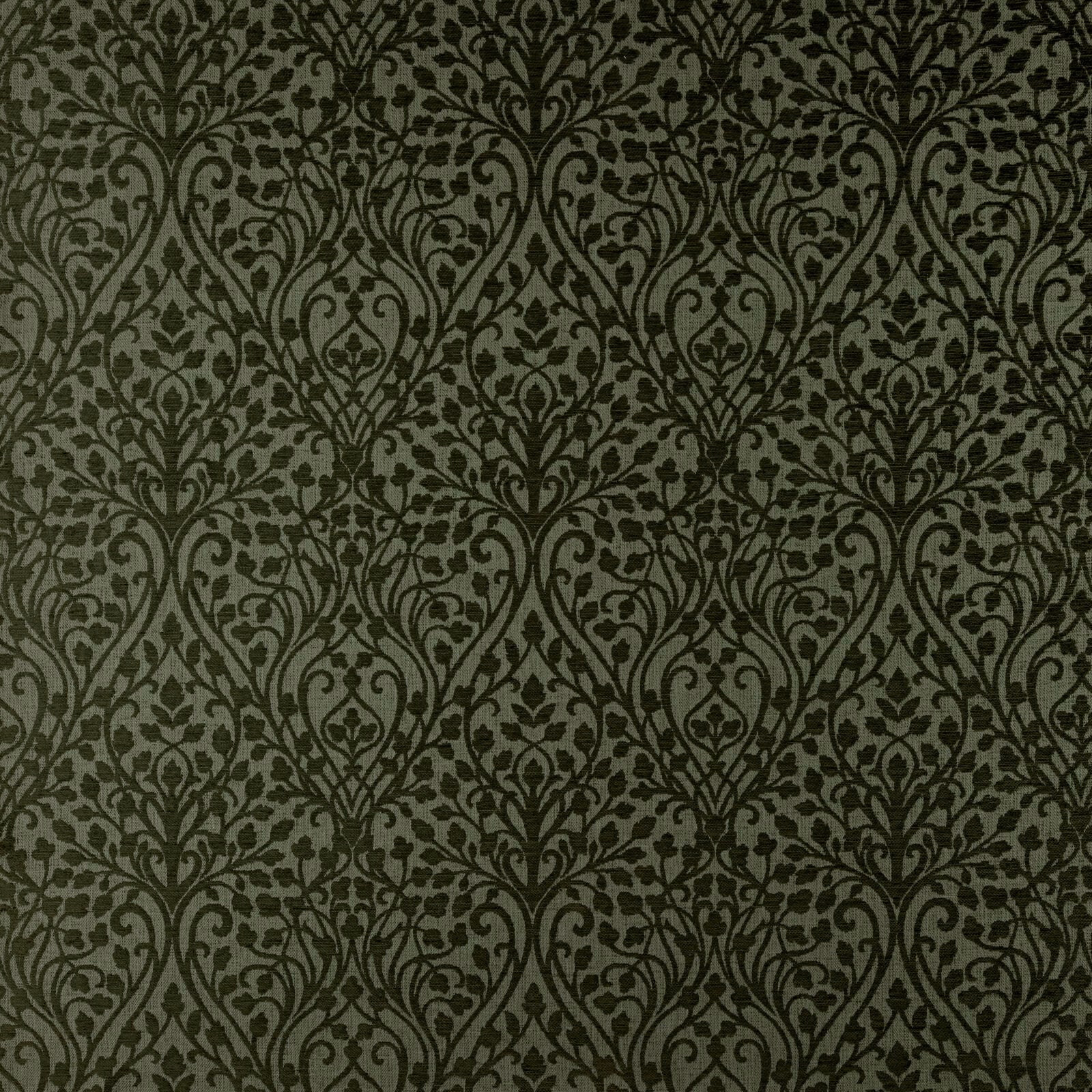 Olive green traditional damask fabric with scrolling leaf motifs and textured weave