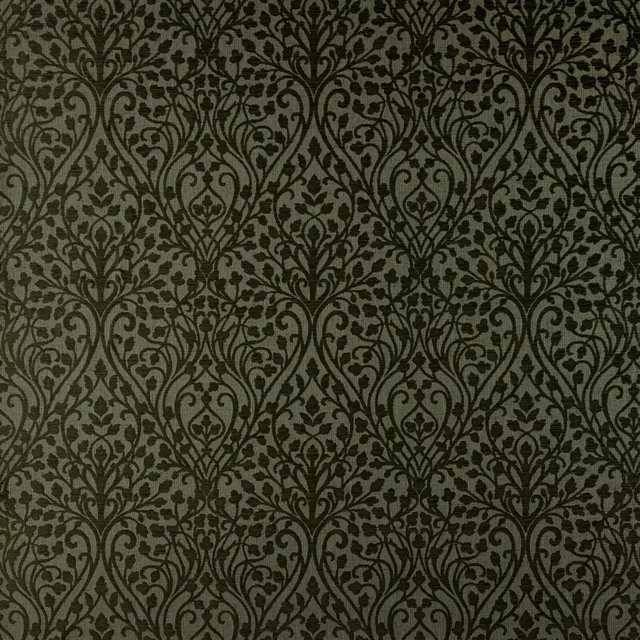 Olive green traditional damask fabric with scrolling leaf motifs and textured weave