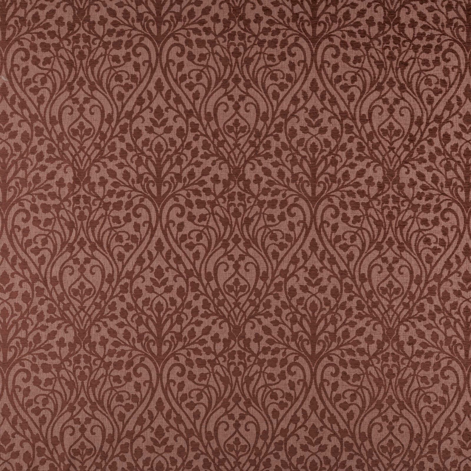 Rosewood red damask fabric with traditional scrolling pattern on a muted ground