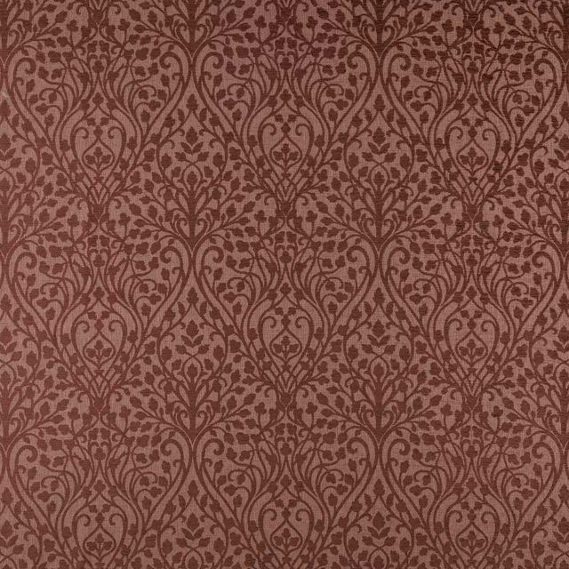 Rosewood red damask fabric with traditional scrolling pattern on a muted ground
