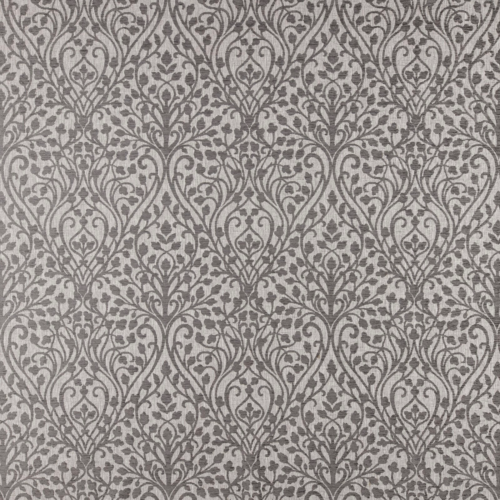 Silver grey damask fabric with ornate scrolling floral motif and woven texture