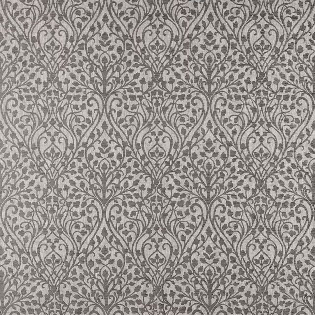 Silver grey damask fabric with ornate scrolling floral motif and woven texture