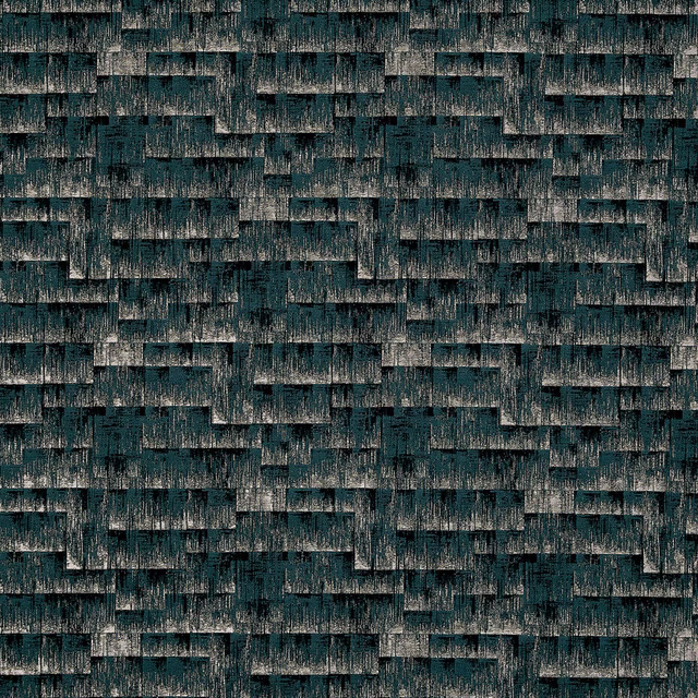 Close-up of deep emerald teal textured fabric with small stepped woven blocks