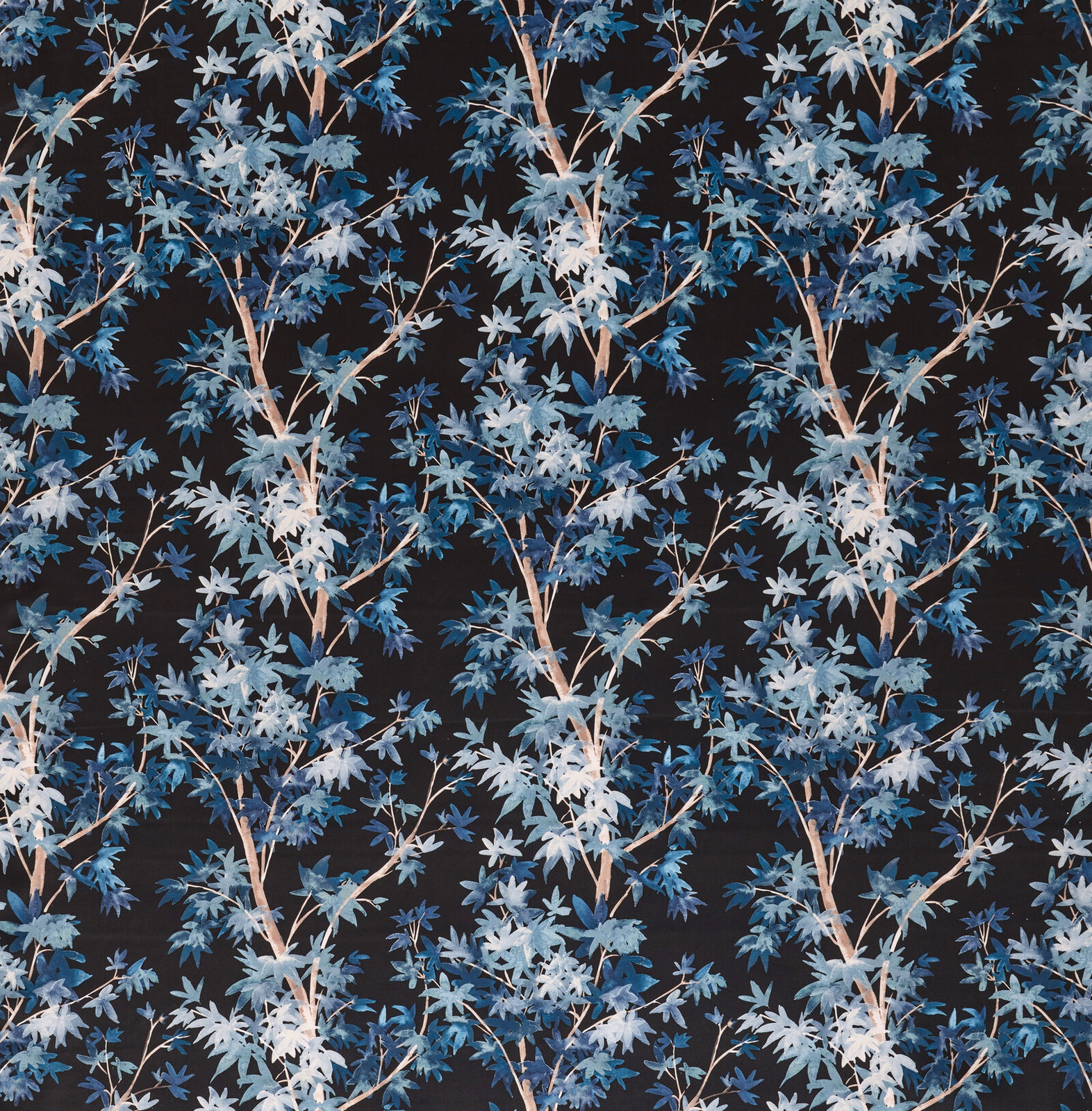 Trailing blue and pale botanical leaves on a dark midnight ground