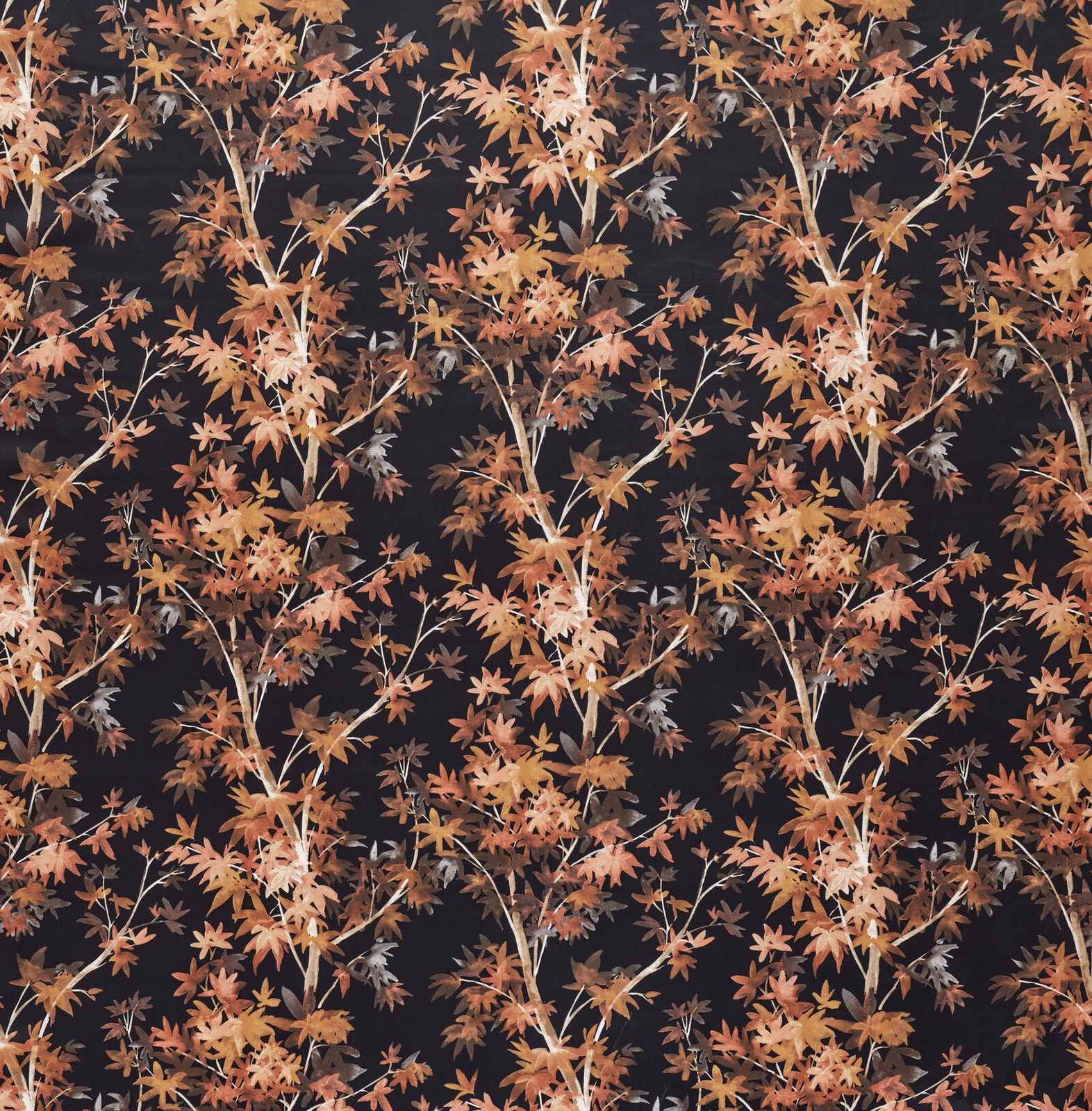 Autumnal botanical fabric with rust and copper leaves on a dark ground