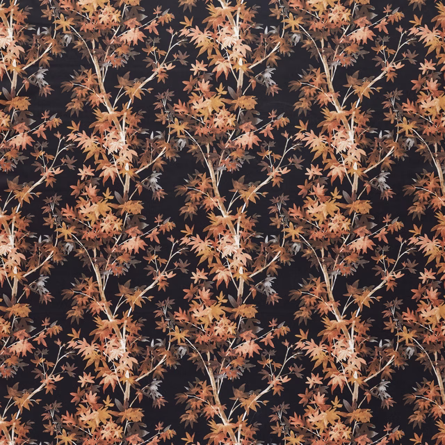 Autumnal botanical fabric with rust and copper leaves on a dark ground