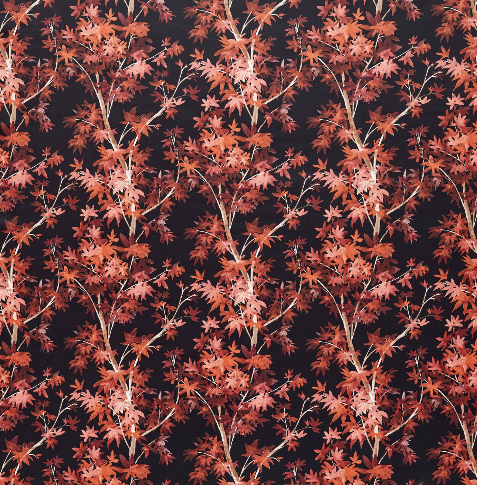 Scattered scarlet and copper leaf branches on a dark ground