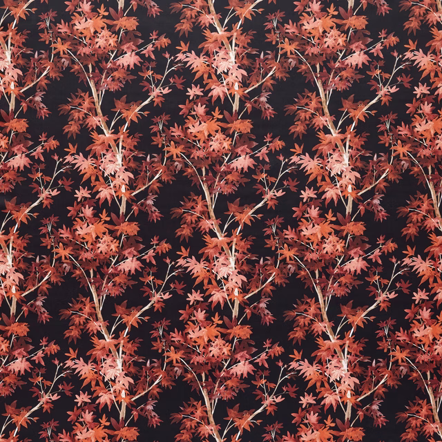 Scattered scarlet and copper leaf branches on a dark ground