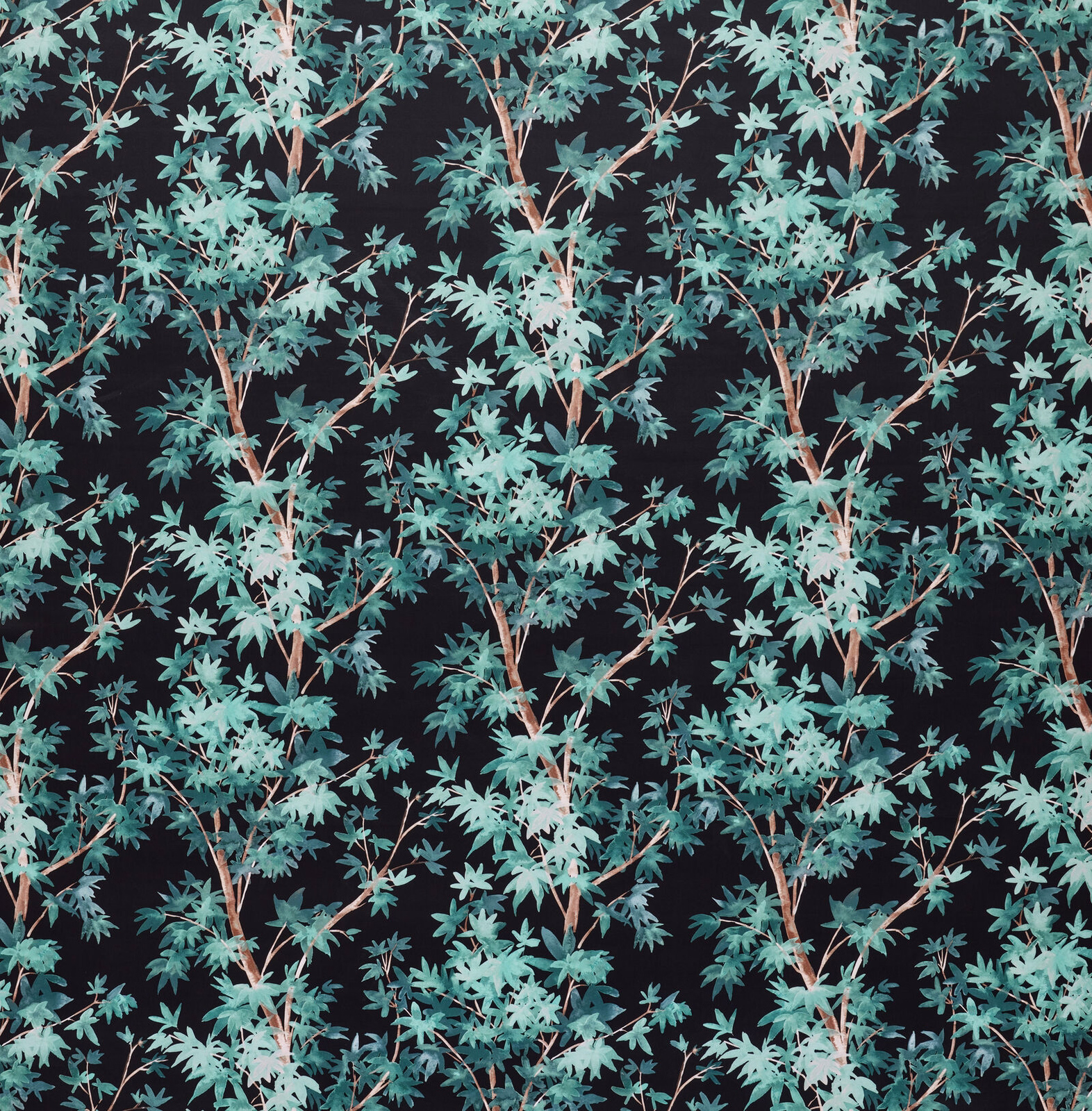 Teal botanical leaf fabric on a dark ground with branching stems