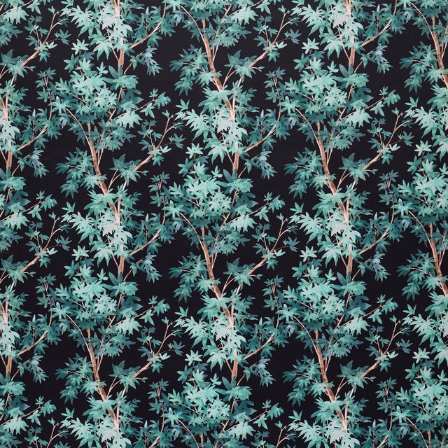 Teal botanical leaf fabric on a dark ground with branching stems