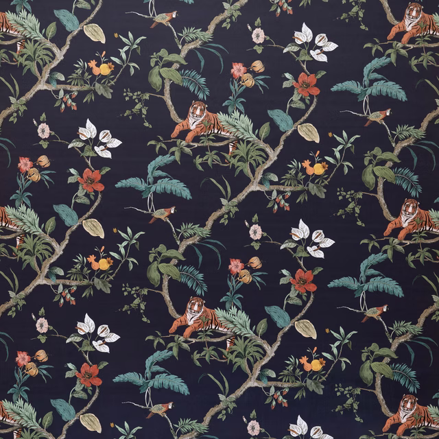 Deep navy printed fabric with tigers, birds, branches and teal botanical motifs