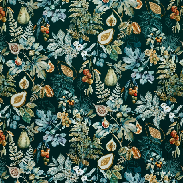 Dark forest green botanical fabric with fruit, leaves and flowers in teal, cream and ochre