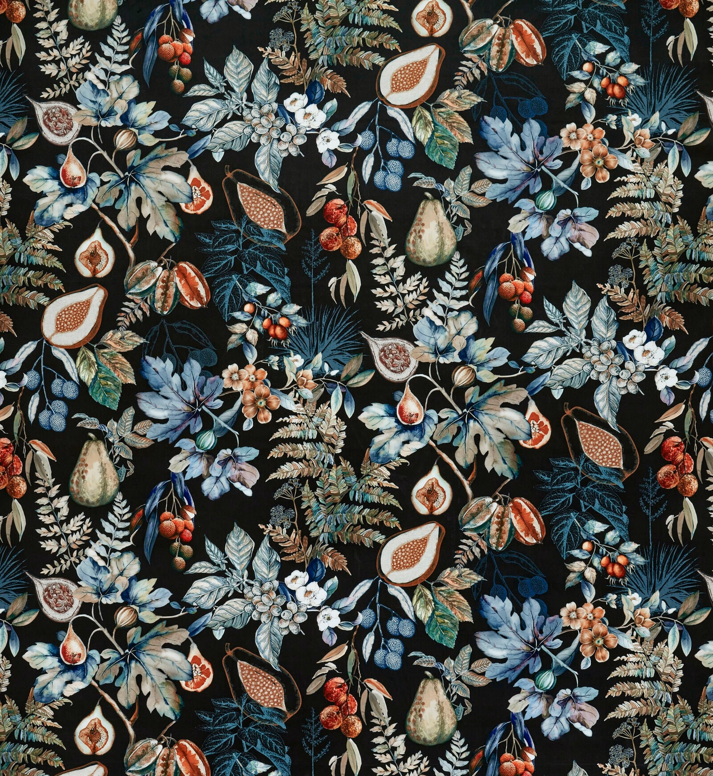 Dark botanical fabric with blue-green leaves, fruits and flowers on a black ground