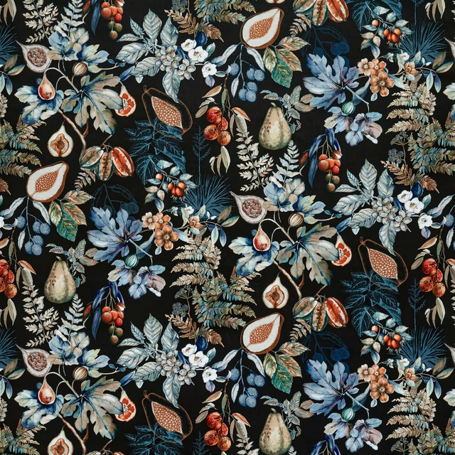Dark botanical fabric with blue-green leaves, fruits and flowers on a black ground