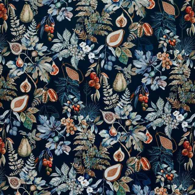 Deep navy botanical fabric with tropical leaves, figs, berries and pale florals