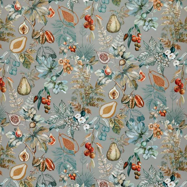 Stone-grey botanical fabric with fruit, leaves and floral clusters in teal, coral and ochre