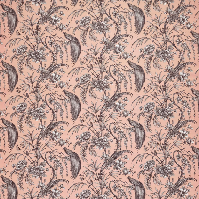 Blush pink botanical fabric with birds, flowers and trailing foliage print
