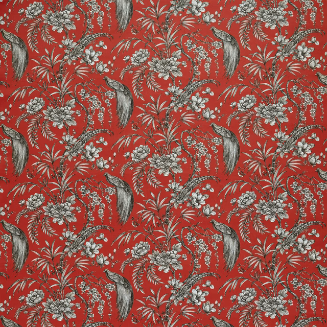 Red botanical fabric with pale floral and animal motif on a crimson ground