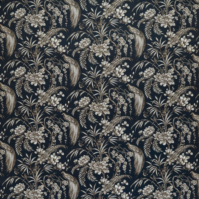 Dark navy fabric with ivory botanical birds, flowers and trailing leaves