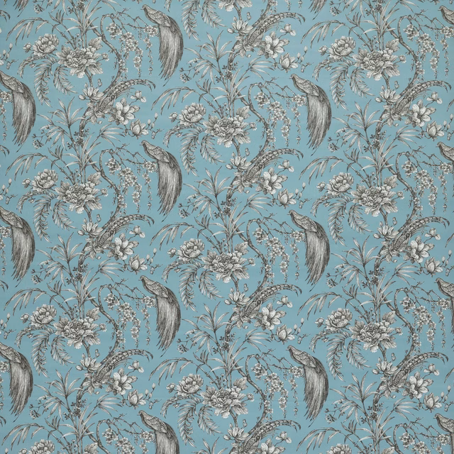 Aqua botanical fabric with sketched birds, flowers and trailing foliage