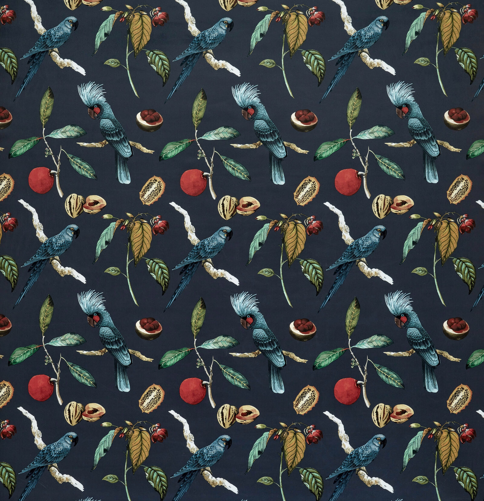 Dark navy printed fabric with teal parrots, leaves and tropical fruit