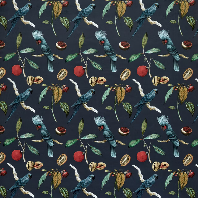 Dark navy printed fabric with teal parrots, leaves and tropical fruit
