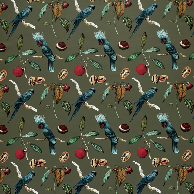 Olive green tropical fabric with parrots, fruit and leafy botanical motifs