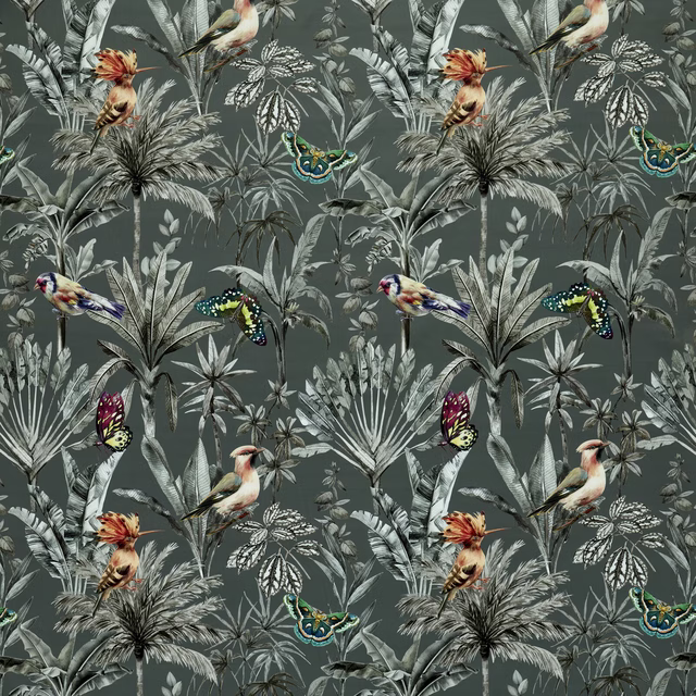 Tropical bird and palm print on a deep slate grey fabric ground