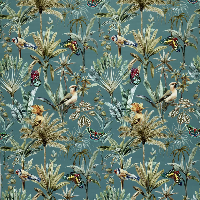 Tropical printed fabric on muted teal ground with birds, palms and butterflies