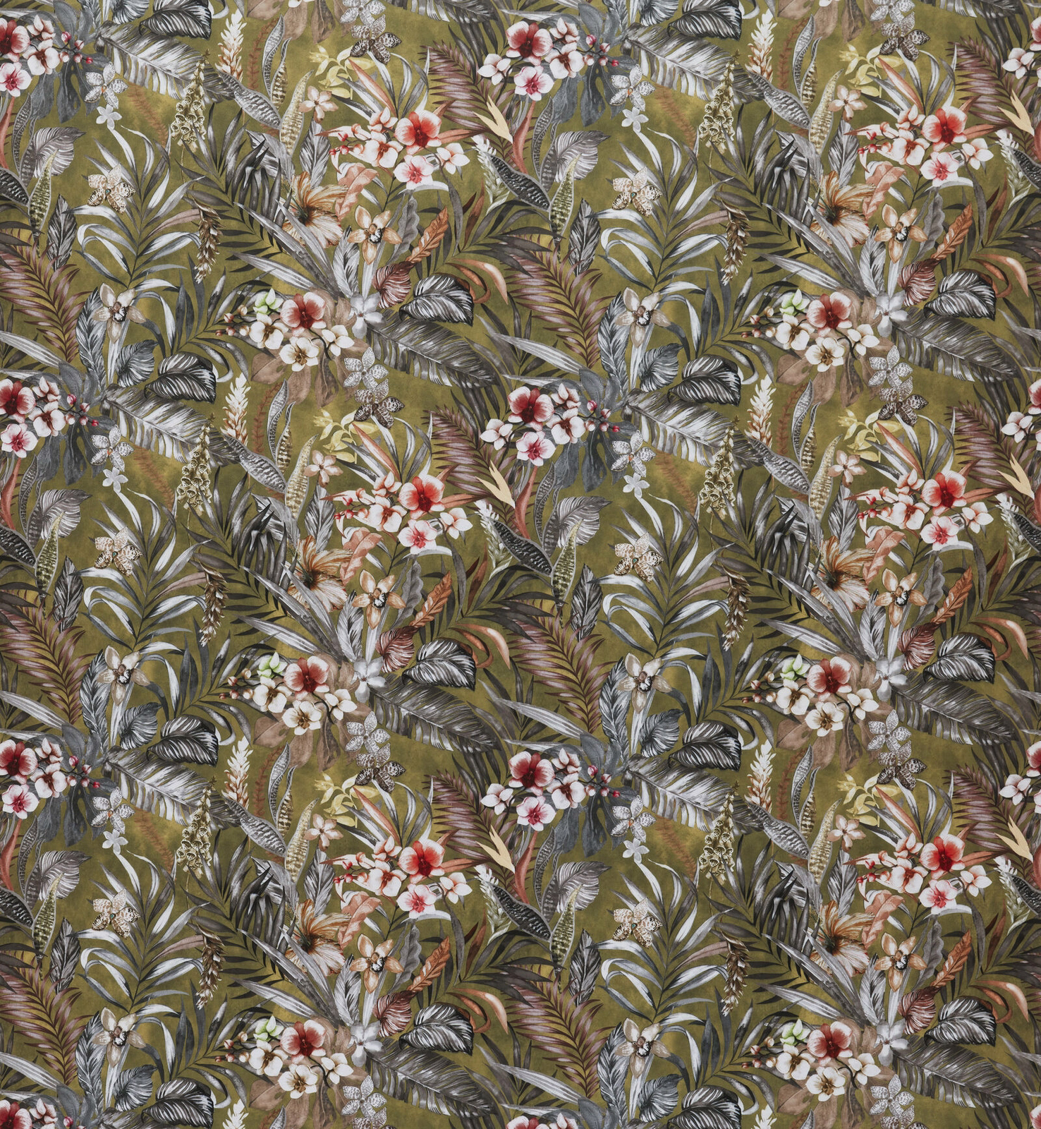 Olive green tropical fabric with layered leaves, flowers and animal-print details