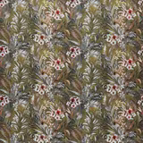 Olive green tropical fabric with layered leaves, flowers and animal-print details