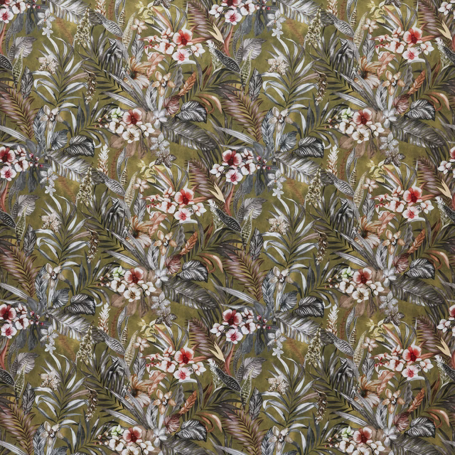 Olive green tropical fabric with layered leaves, flowers and animal-print details