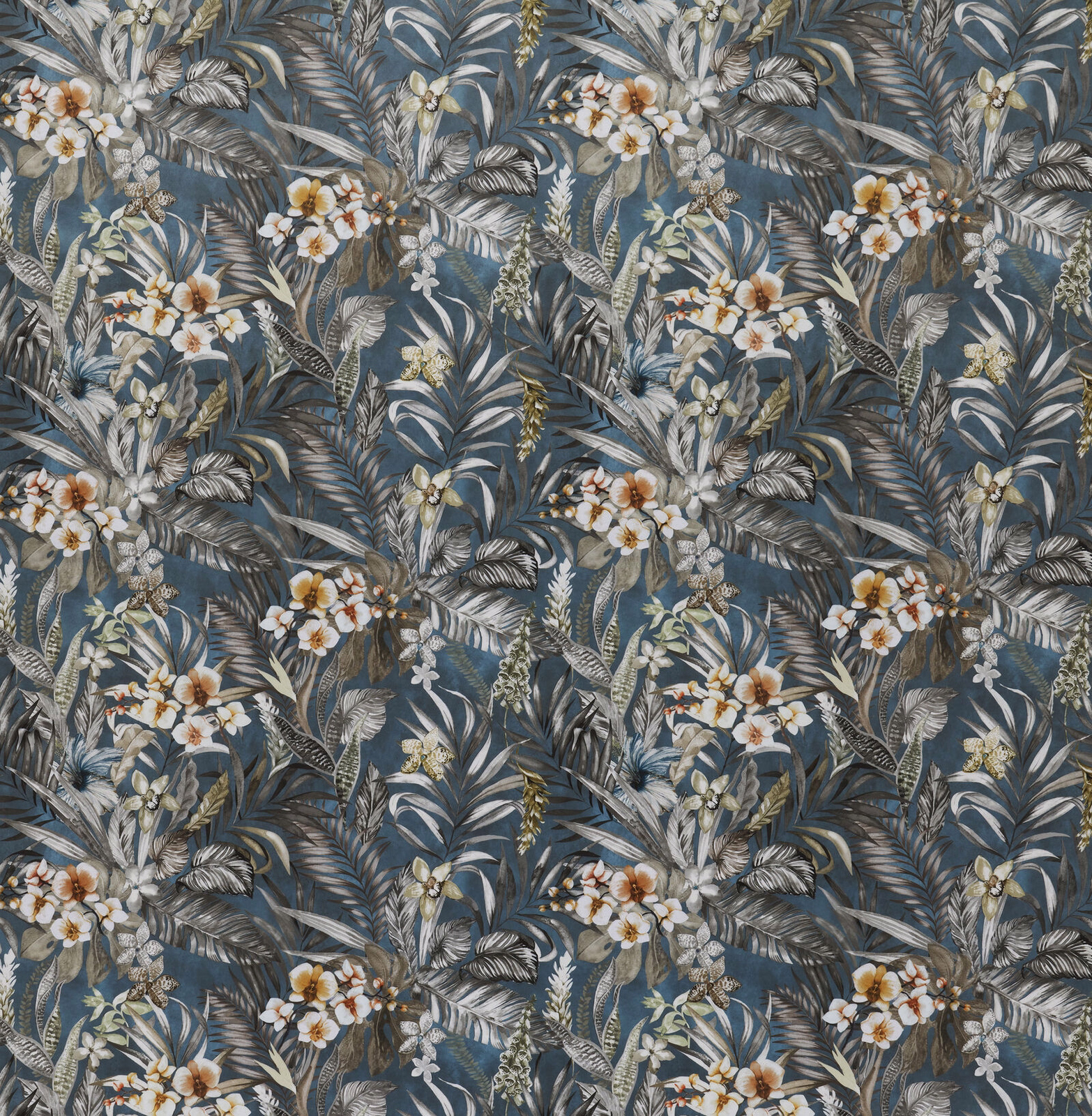 Painterly botanical fabric in deep slate blue with cream flowers and grey foliage
