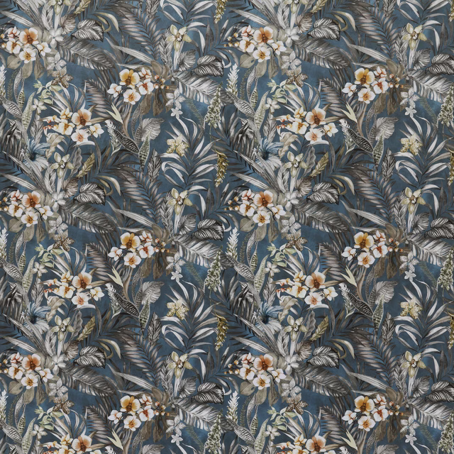 Painterly botanical fabric in deep slate blue with cream flowers and grey foliage
