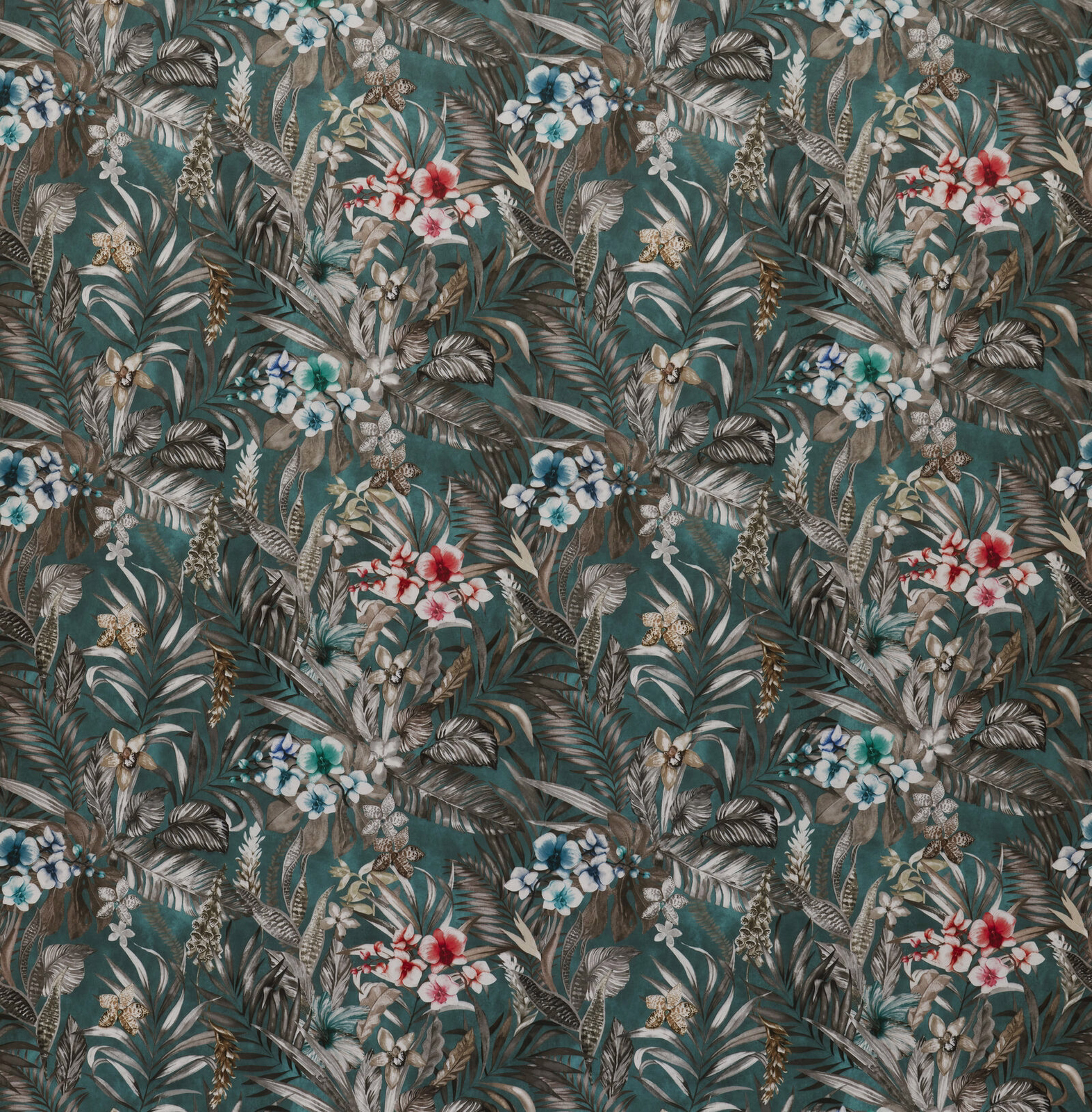 Tropical botanical print on deep teal fabric with birds, flowers and palm leaves