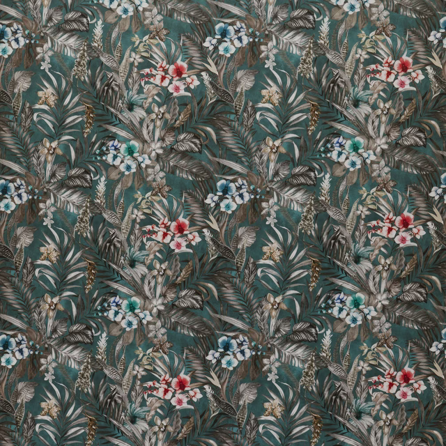Tropical botanical print on deep teal fabric with birds, flowers and palm leaves