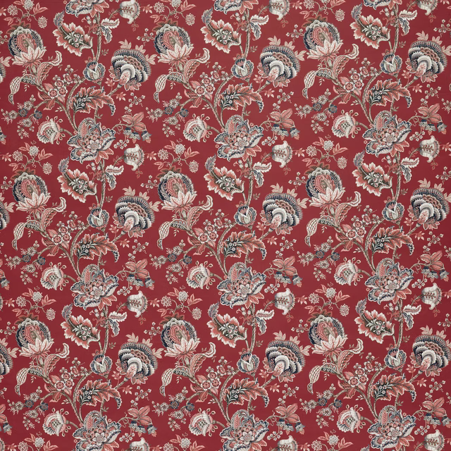 Deep crimson floral fabric with ivory and blush botanical motifs
