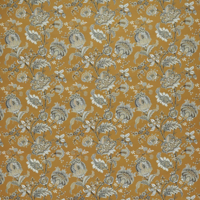 Ochre floral fabric with scrolling botanicals in ivory and grey-green