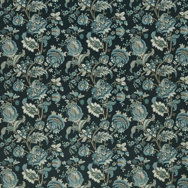 Large teal and ivory floral botanical print on a very dark ground