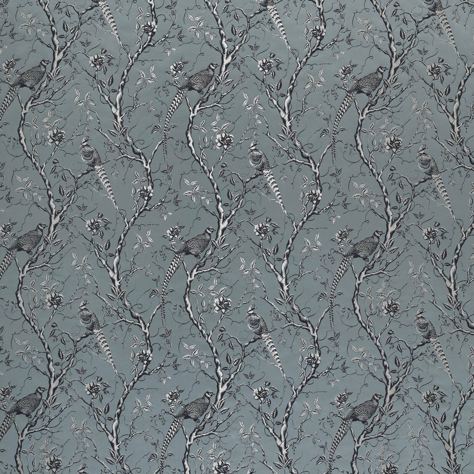 Ocean teal fabric with birds, blossom branches and trailing botanical pattern