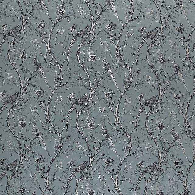Ocean teal fabric with birds, blossom branches and trailing botanical pattern