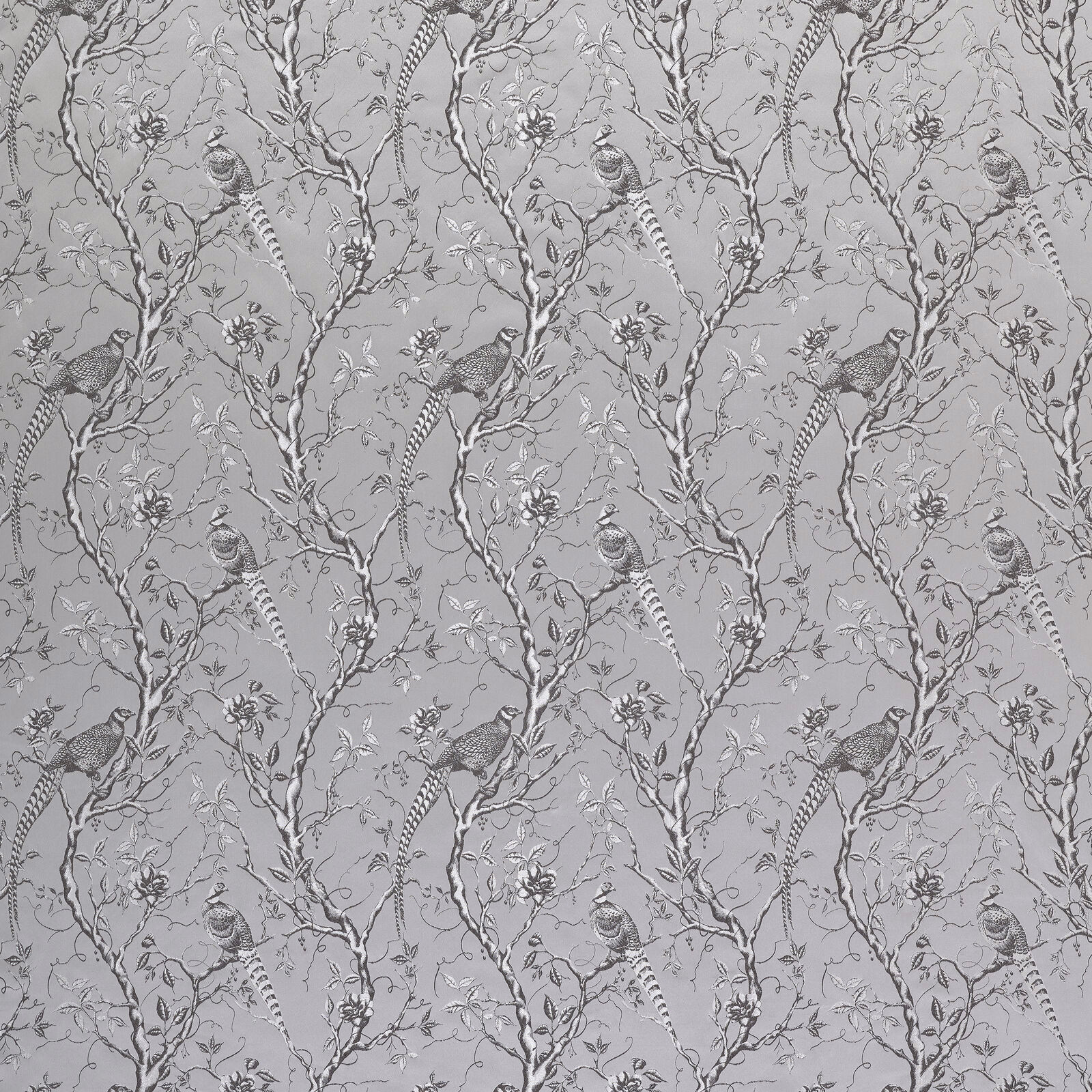 Soft oyster grey fabric with birds on branching floral vines