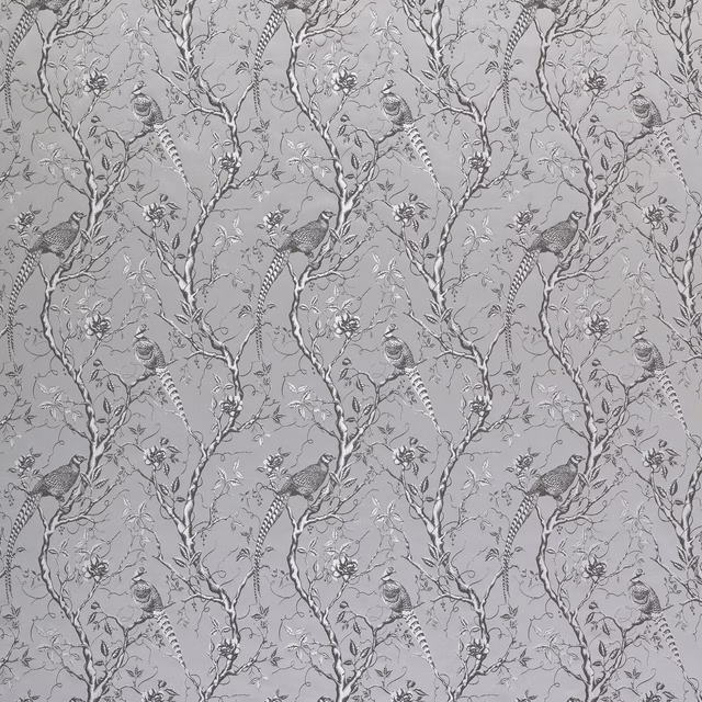 Soft oyster grey fabric with birds on branching floral vines