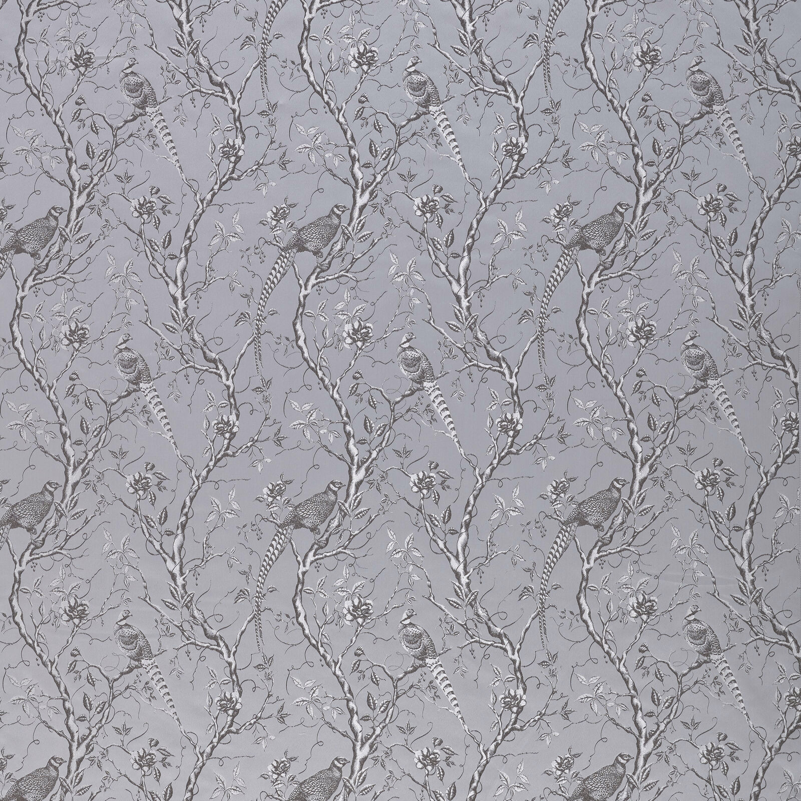 Silver-grey bird and branch patterned fabric with delicate botanical detail