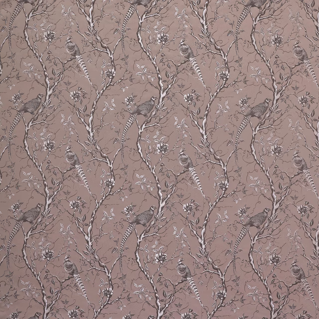 Taupe fabric swatch with birds, branches and floral botanical pattern