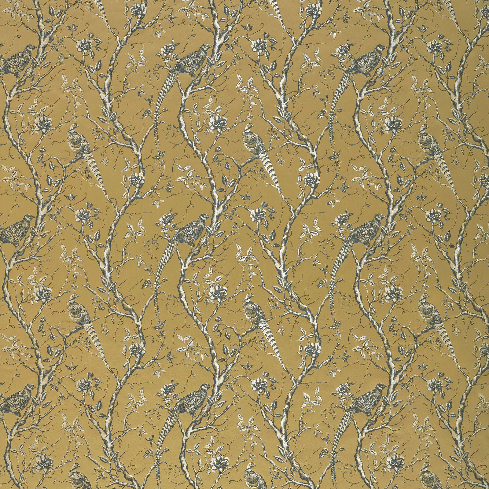 Mustard gold fabric swatch with grey birds, branches and floral botanicals