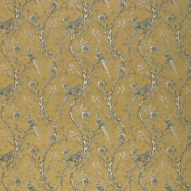 Mustard gold fabric swatch with grey birds, branches and floral botanicals